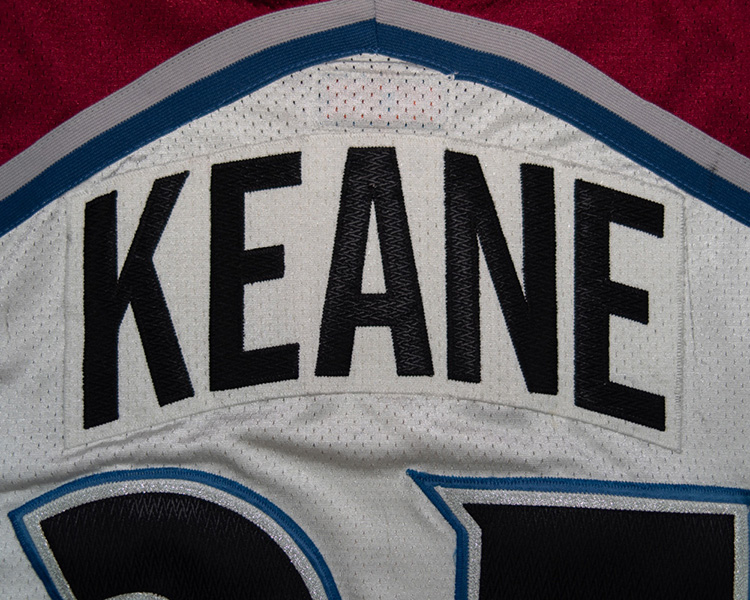 Mike Keane Colorado Avalanche game worn jersey tagging Mike Keane Colorado Avalanche game worn jersey tagging